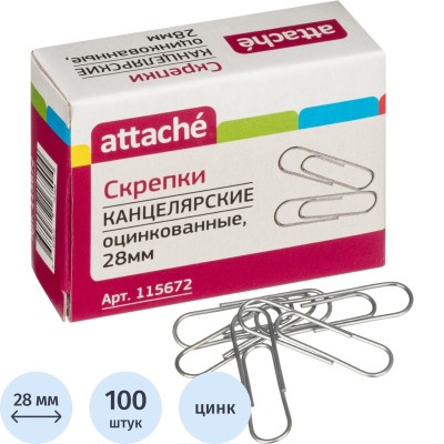 Скрепки Attache оцинкованные,28 мм,негофрированные,100 шт/уп