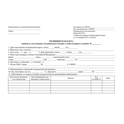 Карта медицинская Учитель-Канц пациента получающего медицинскую помощь в амбулаторных условиях 025-У 10 карт КЖ-412/1